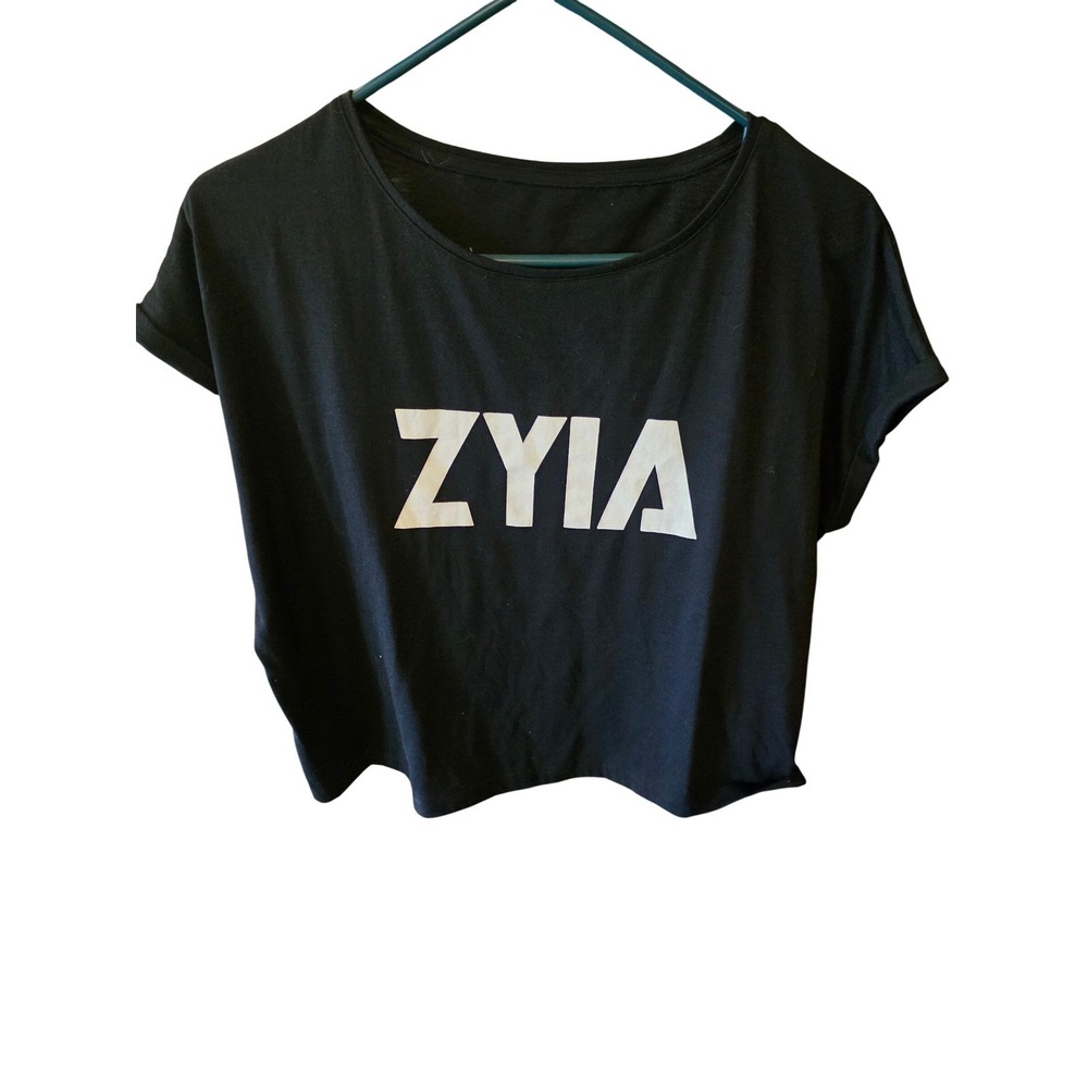 Zyia Active Womens Black White Logo Graphic Crop Top Athletic Tee Size Small